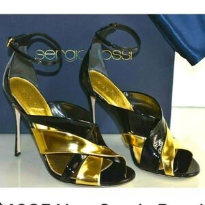 BNIB Sergio Rossi Gold Black Patent Leather Sandals Heels Shoes